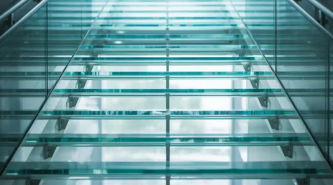 Scala interna in vetro con gradini trasparenti e supporti metallici