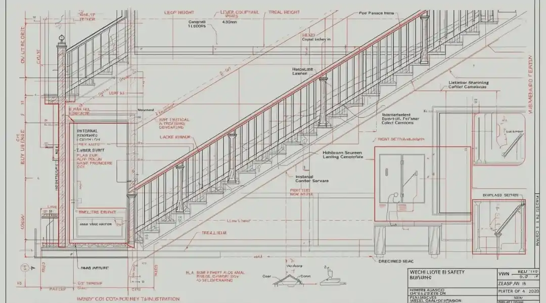 Disegno tecnico che mostra misure e parametri richiesti dalle normative sulle scale interne