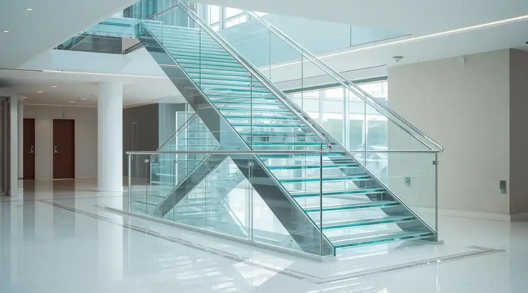 Scala in vetro con parapetto in vetro in un ambiente minimalista